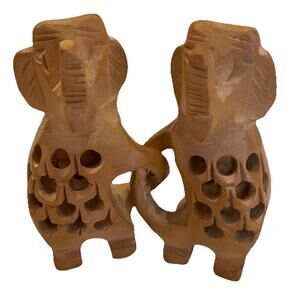 Friendship Love Rare Two HTF Connected Elephant Trunk Up Figurines~ Wood 2.5”